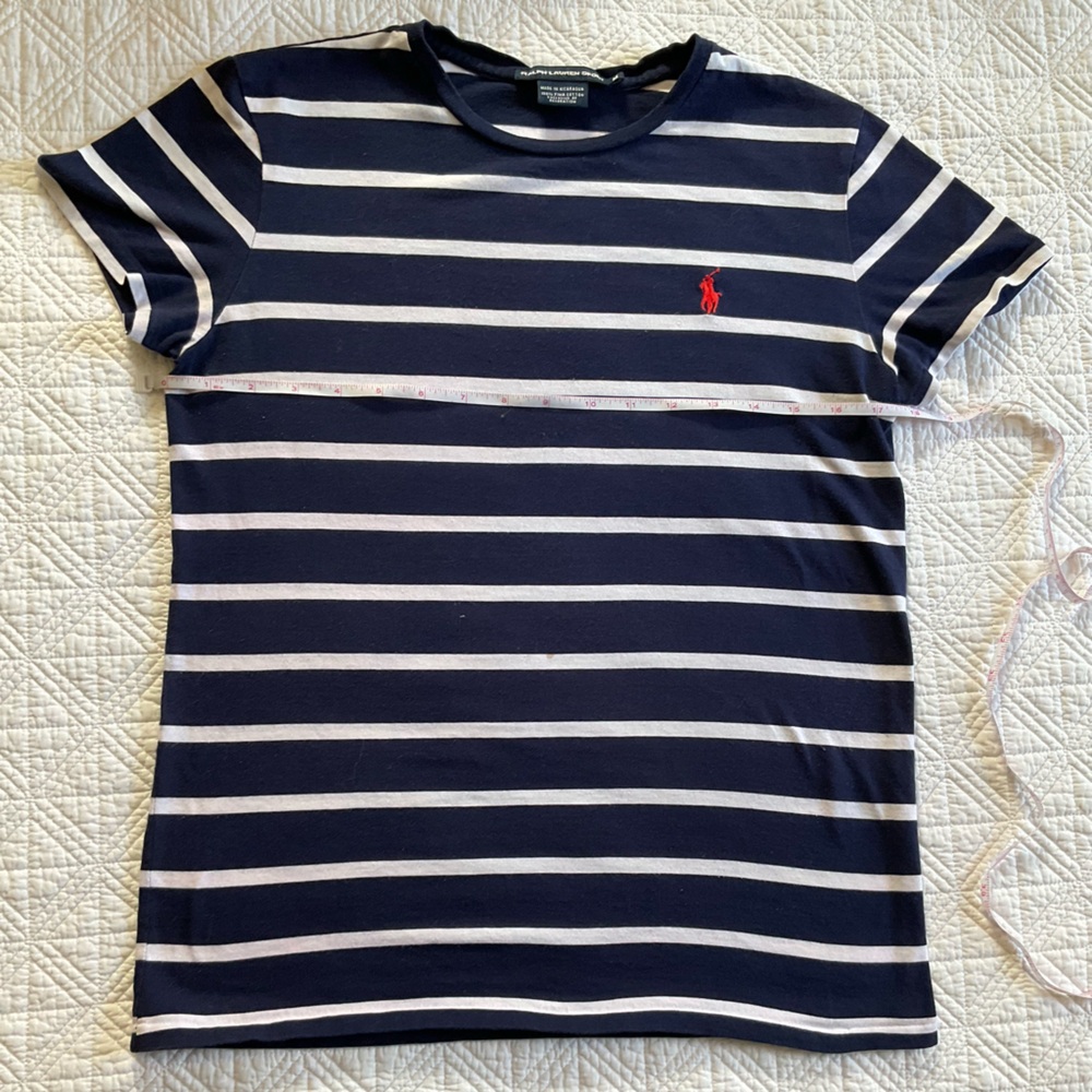 Ralph Lauren Navy Blue and White Striped Polo Tee with Red Pony